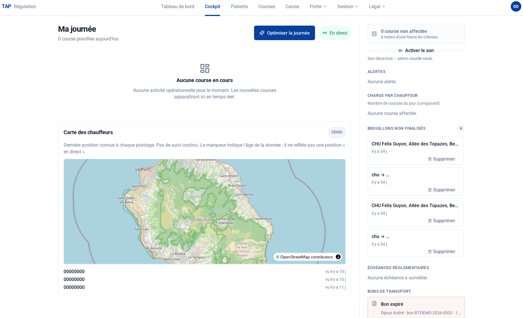 Cockpit TAP, vue de la journée en cours avec carte des chauffeurs et alertes
