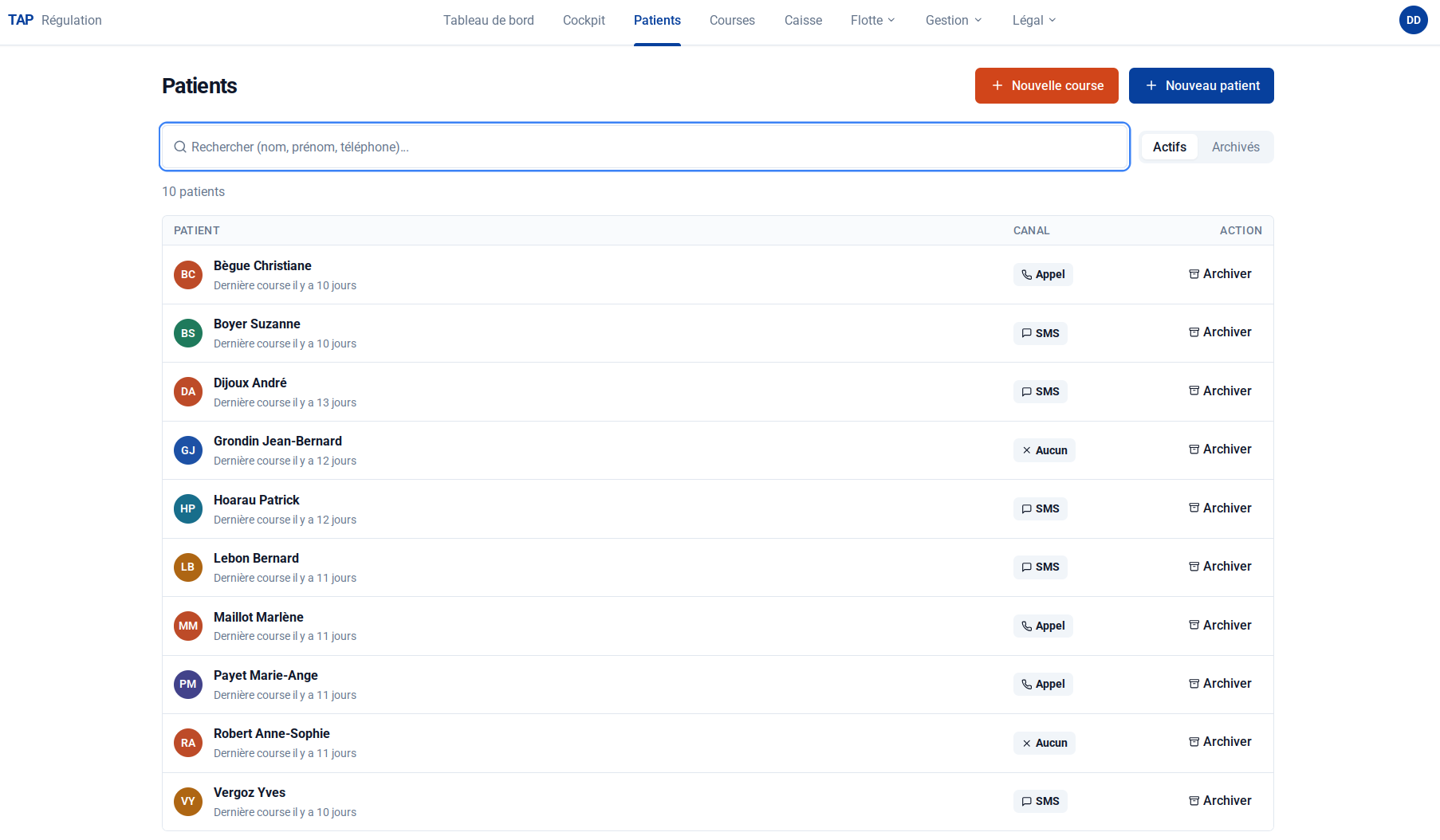 Liste des patients TAP avec canal de contact préféré et actions d&rsquo;archivage